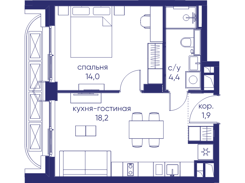 2 ккв (Евро) 38,5 м²