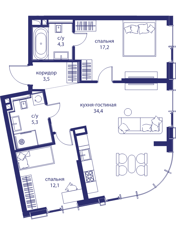 3 ккв (Евро) 76,8 м²