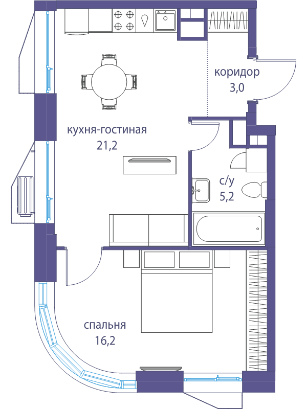 2 ккв (Евро) 45,6 м²