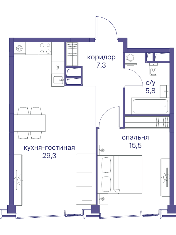 2 ккв (Евро) 57,9 м²
