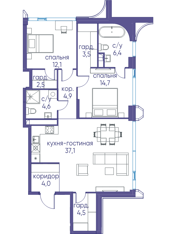 3 ккв (Евро) 89,8 м²