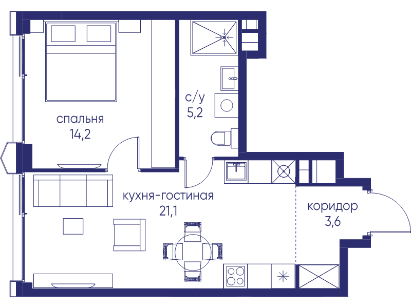 2 ккв (Евро) 44,1 м²