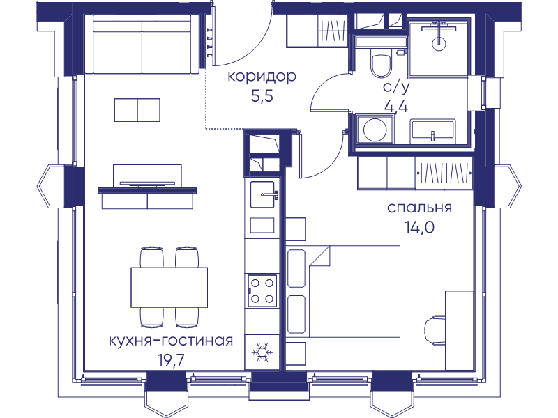 2 ккв (Евро) 43,6 м²