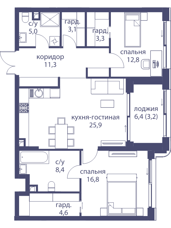 3 ккв (Евро) 94,4 м²
