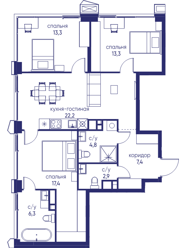 4 ккв (Евро) 87,6 м²