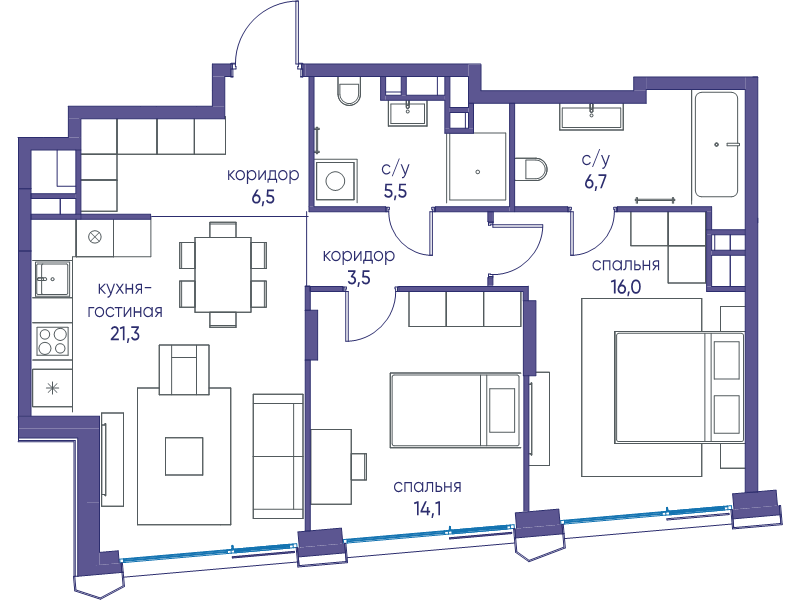 3 ккв (Евро) 73,6 м²
