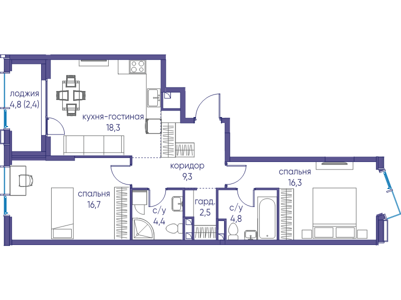 3 ккв (Евро) 74,6 м²