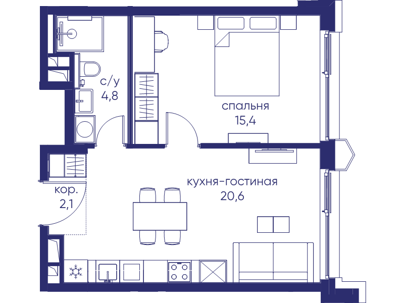 2 ккв (Евро) 42,9 м²