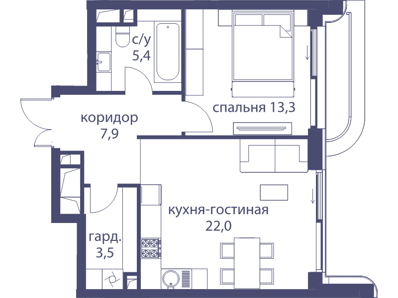 2 ккв (Евро) 52,1 м²