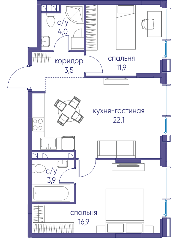 3 ккв (Евро) 62,3 м²