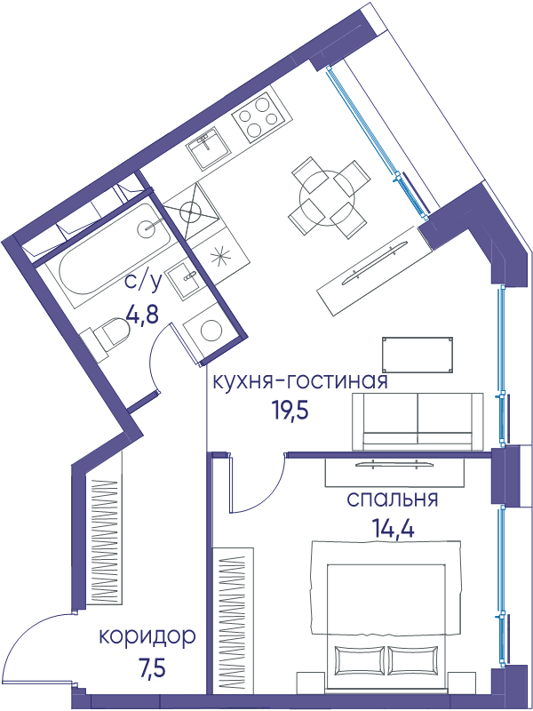2 ккв (Евро) 46,2 м²