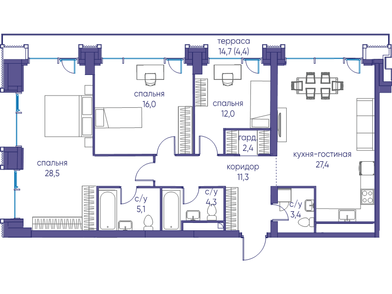 4 ккв (Евро) 114,2 м²