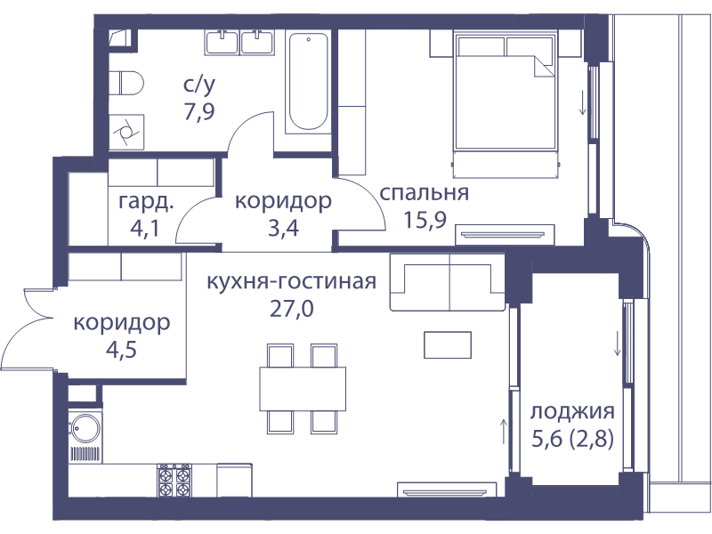 2 ккв (Евро) 65,6 м²