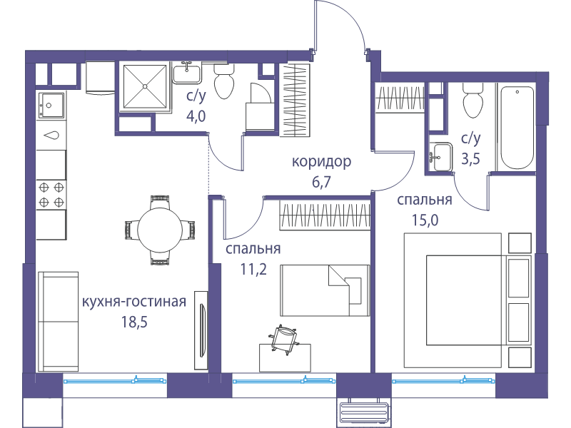 3 ккв (Евро) 58,9 м²