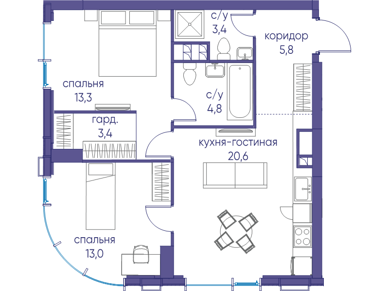 3 ккв (Евро) 64,3 м²