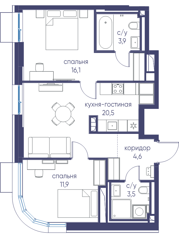 3 ккв (Евро) 60,5 м²