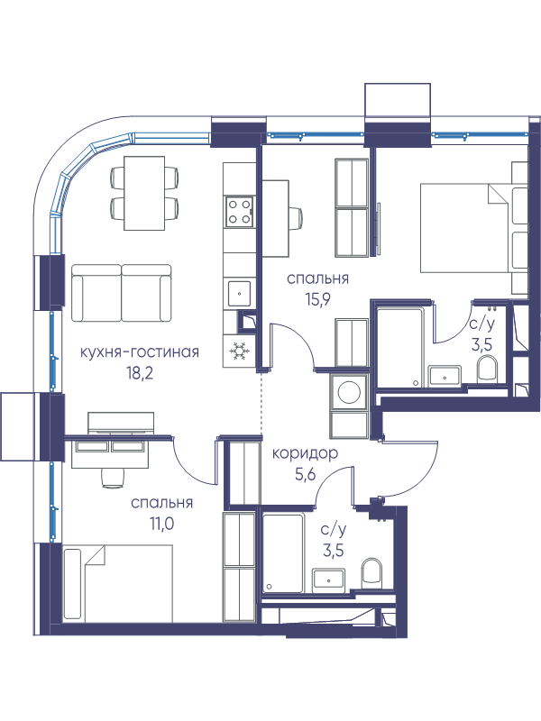3 ккв (Евро) 57,7 м²