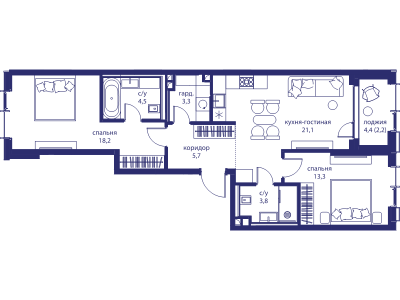 3 ккв (Евро) 72,1 м²