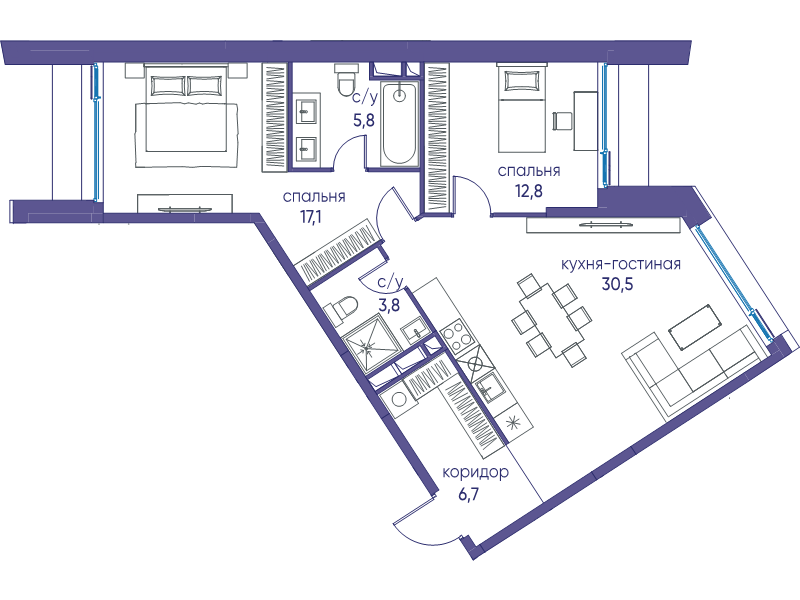 3 ккв (Евро) 76,7 м²