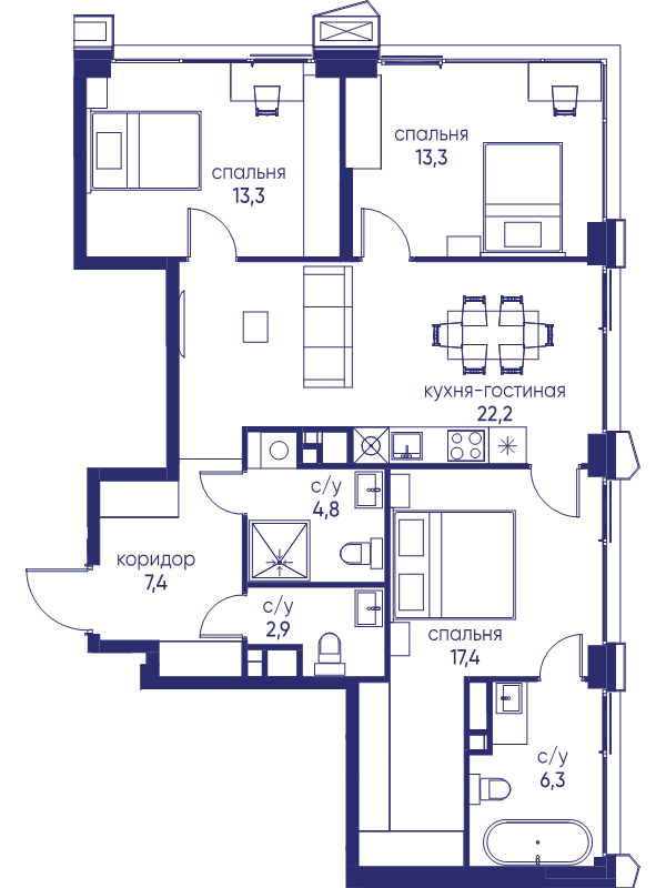 4 ккв (Евро) 87,6 м²
