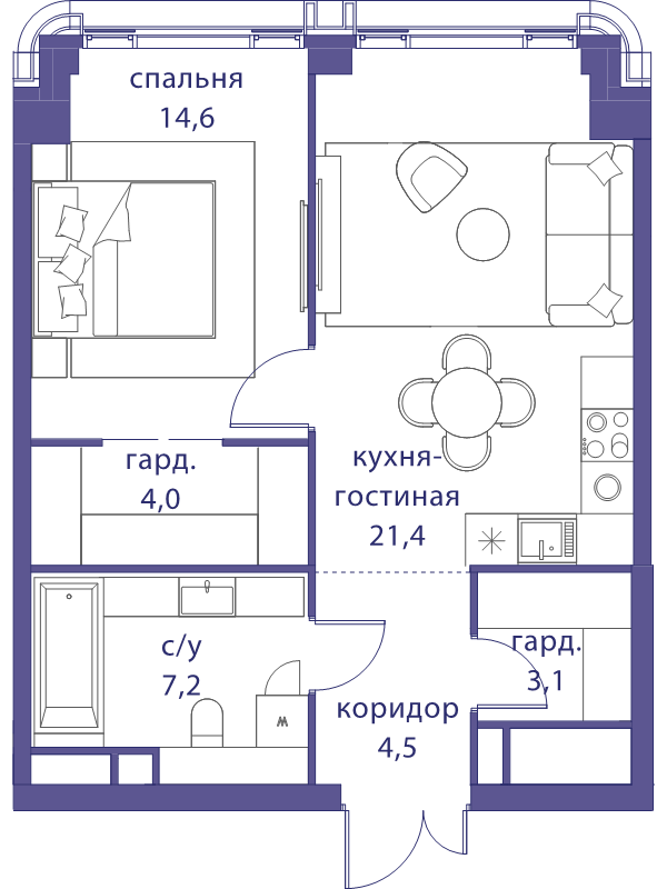 2 ккв (Евро) 54,8 м²