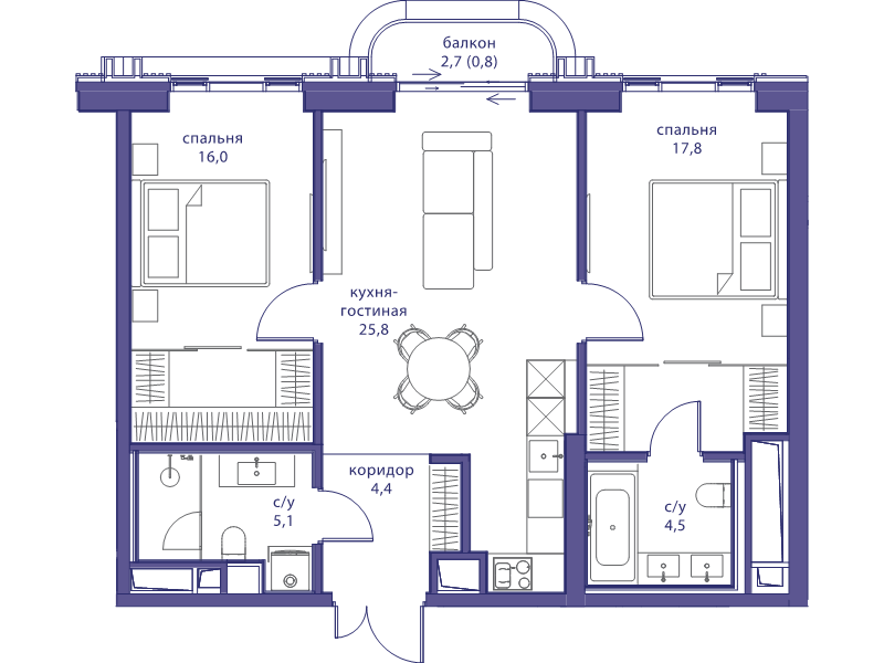 3 ккв (Евро) 74,4 м²