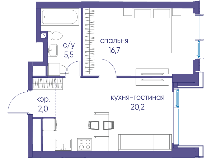 2 ккв (Евро) 44,4 м²