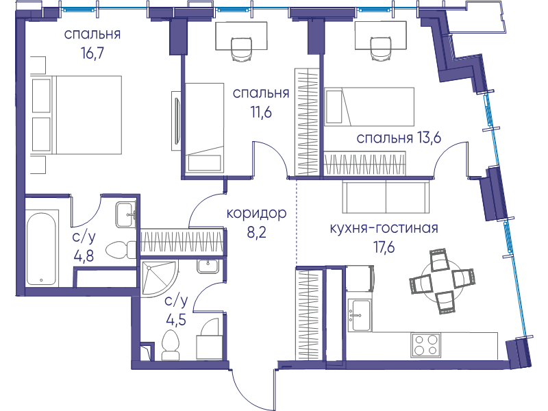 4 ккв (Евро) 77 м²