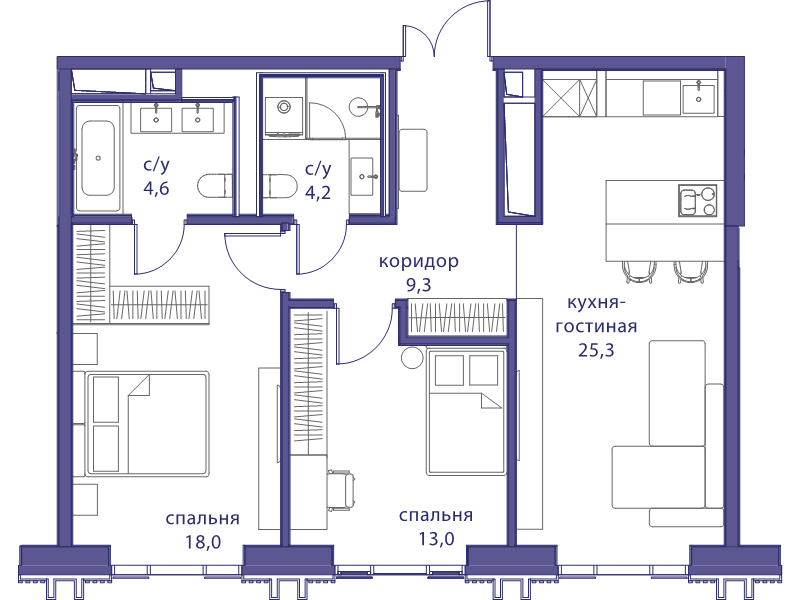 3 ккв (Евро) 74,4 м²