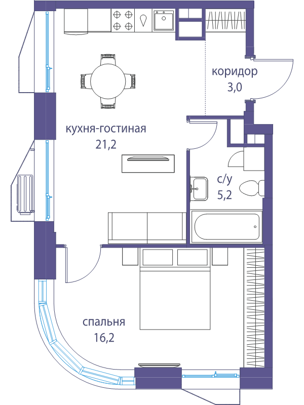 2 ккв (Евро) 45,6 м²