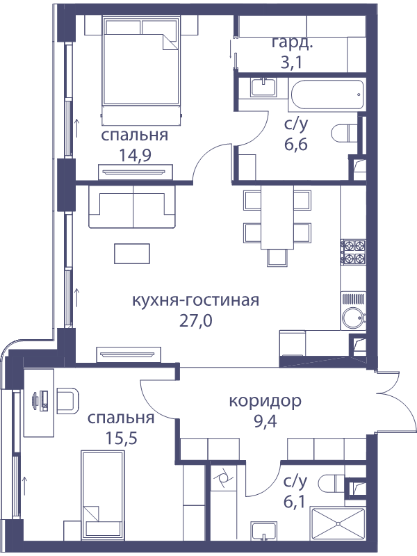 3 ккв (Евро) 82,6 м²