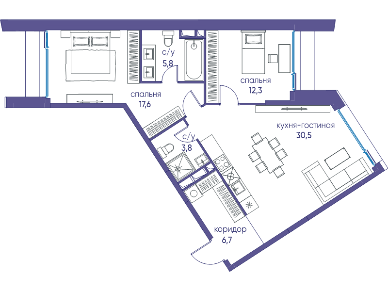 3 ккв (Евро) 76,7 м²