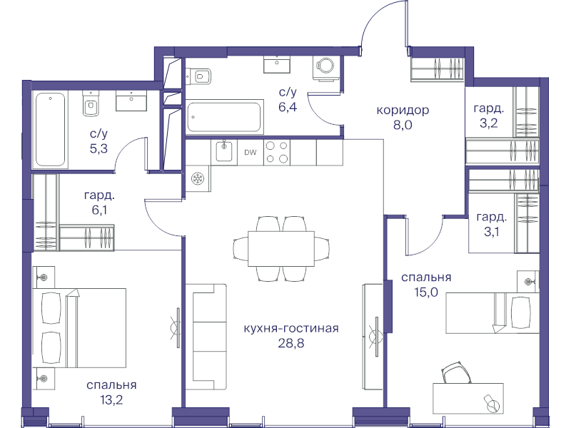 3 ккв (Евро) 89,1 м²