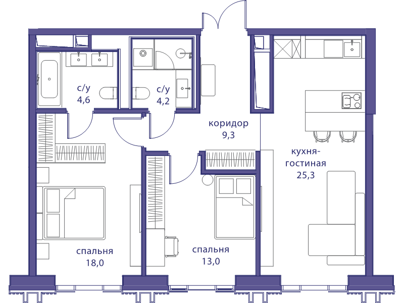 3 ккв (Евро) 74,4 м²
