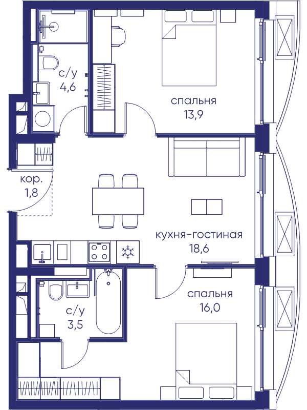 3 ккв (Евро) 58,4 м²