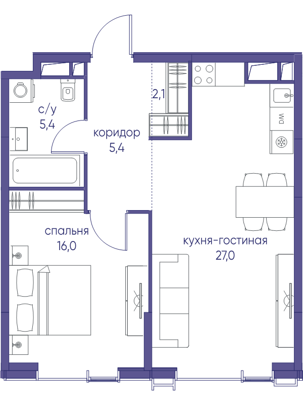2 ккв (Евро) 55,9 м²