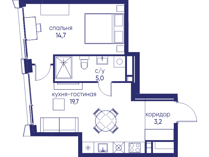 2 ккв (Евро) 42,6 м²