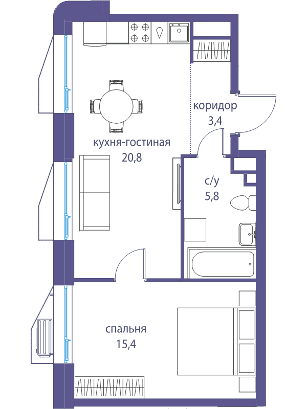 2 ккв (Евро) 45,4 м²