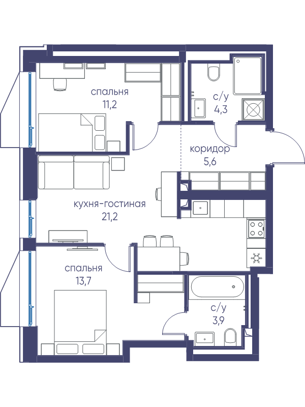 3 ккв (Евро) 59,9 м²
