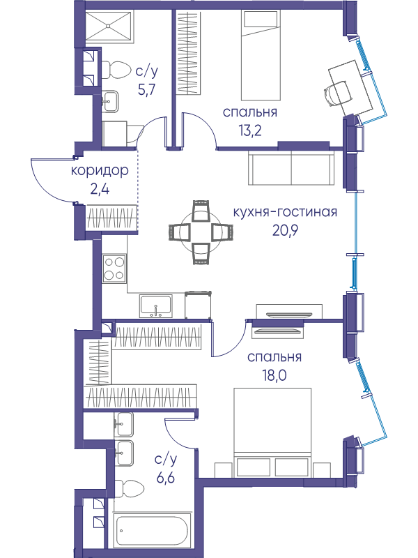 3 ккв (Евро) 66,8 м²