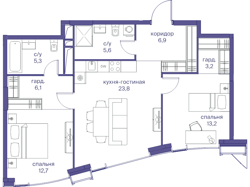 3 ккв (Евро) 76,8 м²