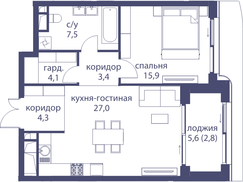 2 ккв (Евро) 65 м²