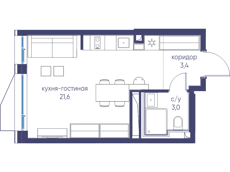 Студия 28 м²