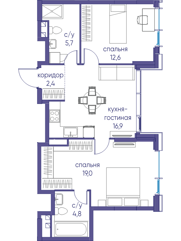 3 ккв (Евро) 61,4 м²