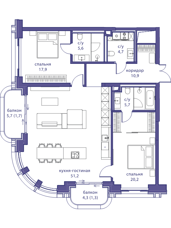 3 ккв (Евро) 119,2 м²
