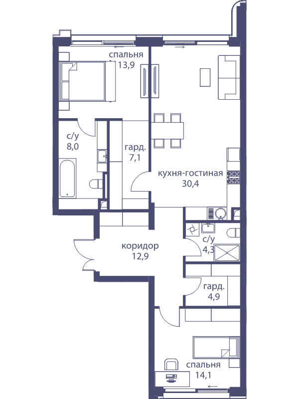 3 ккв (Евро) 95,6 м²