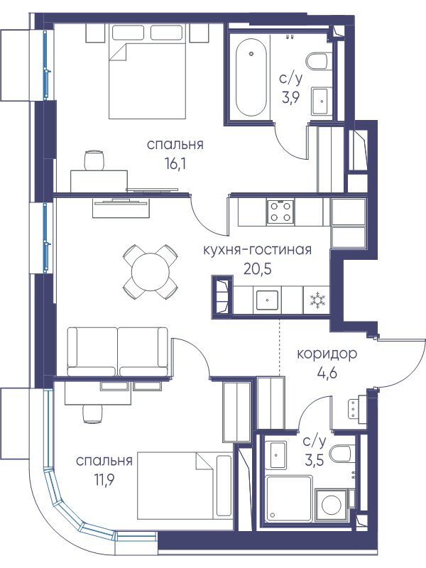 3 ккв (Евро) 60,5 м²