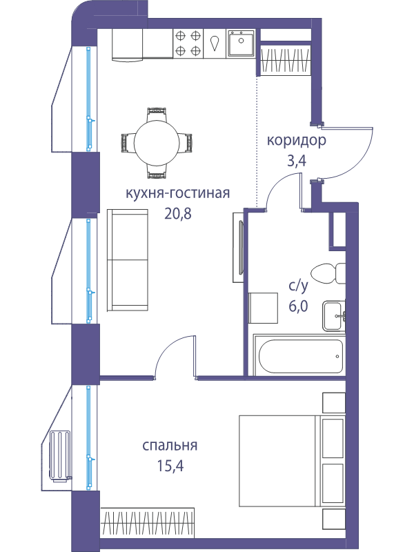 2 ккв (Евро) 45,6 м²