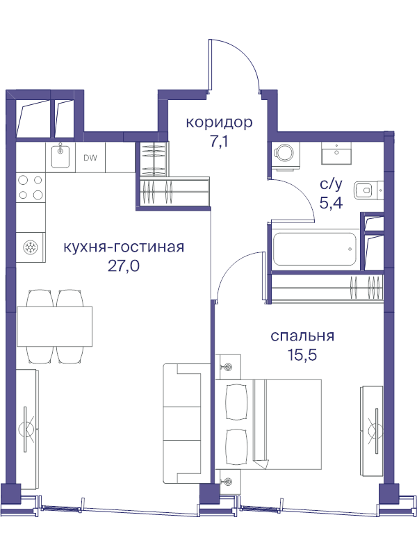 2 ккв (Евро) 55 м²