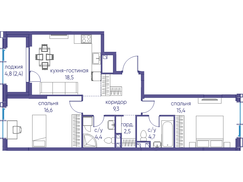 3 ккв (Евро) 73,7 м²